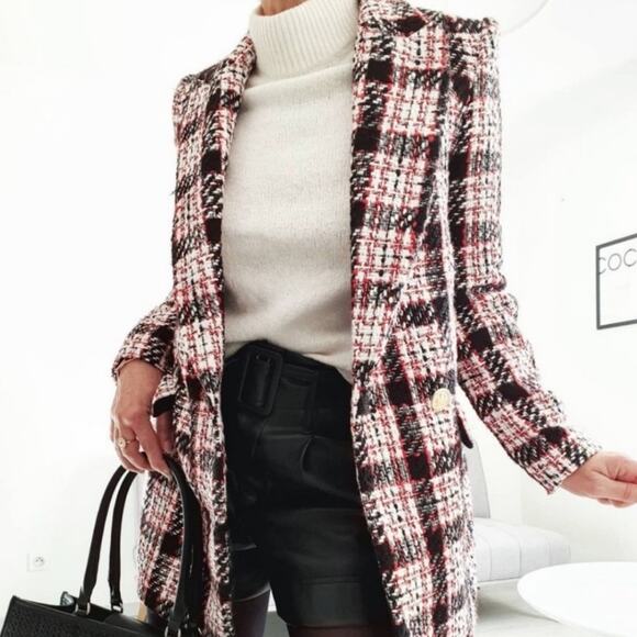 Zara Blogger Black Red Tweed Plaid Double Breasted Blazer. - Picture 6 of 16